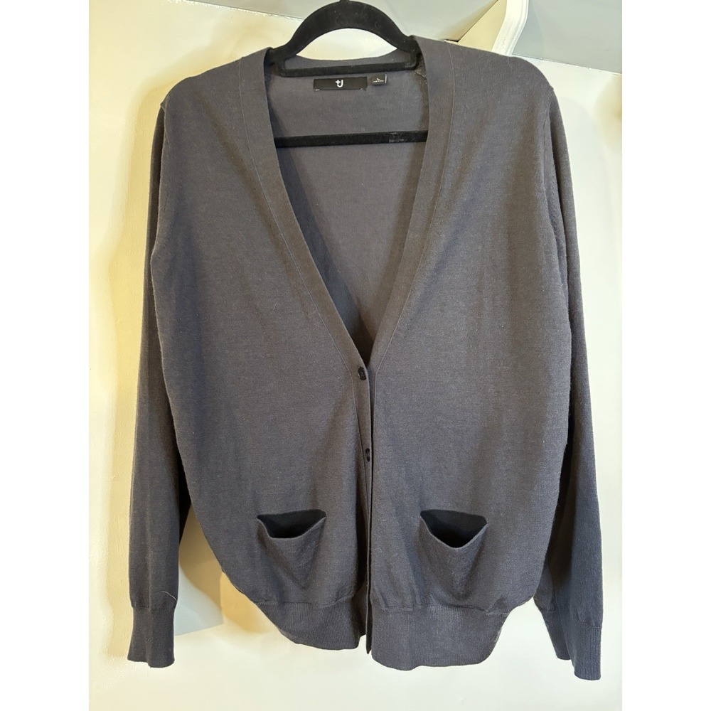 +J UNIQLO + JIL SANDER Gray Wool Blend V Neck Cardigan Sweater L - Picture 1 of 5
